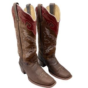 Reyme Boots Women’s Western Cowboy Cowgirl Square Toe Brown & Red  Pull-On